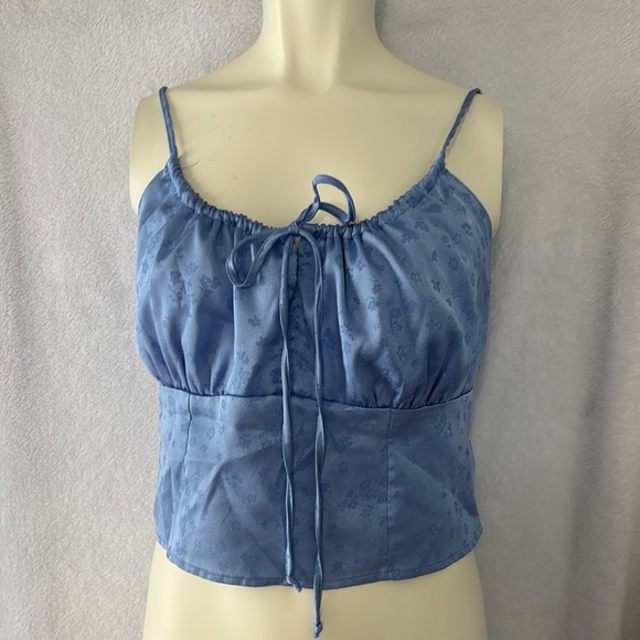 Blue Satin Floral Crop Top‎ with Tie Front – Y2K Cottagecore Aesthetic - Picture 1 of 5